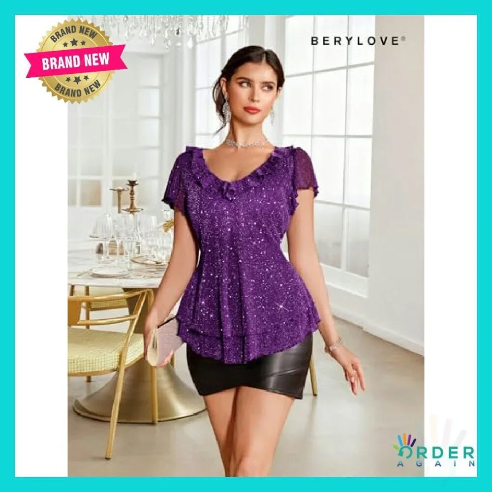 Sparkly Sequin V-Neck Ruffle Top Elegant Chic Party Wear Summer Casual